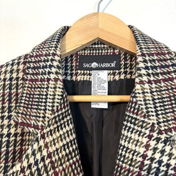 Vintage Sag Harbor Wool Plaid Houndstooth Blazer Jacket Size 16 - Picture 4 of 10